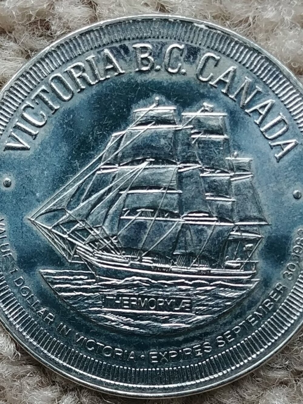 One 1983 Victoria B.C. Canada City of Gardens Trade Dollar